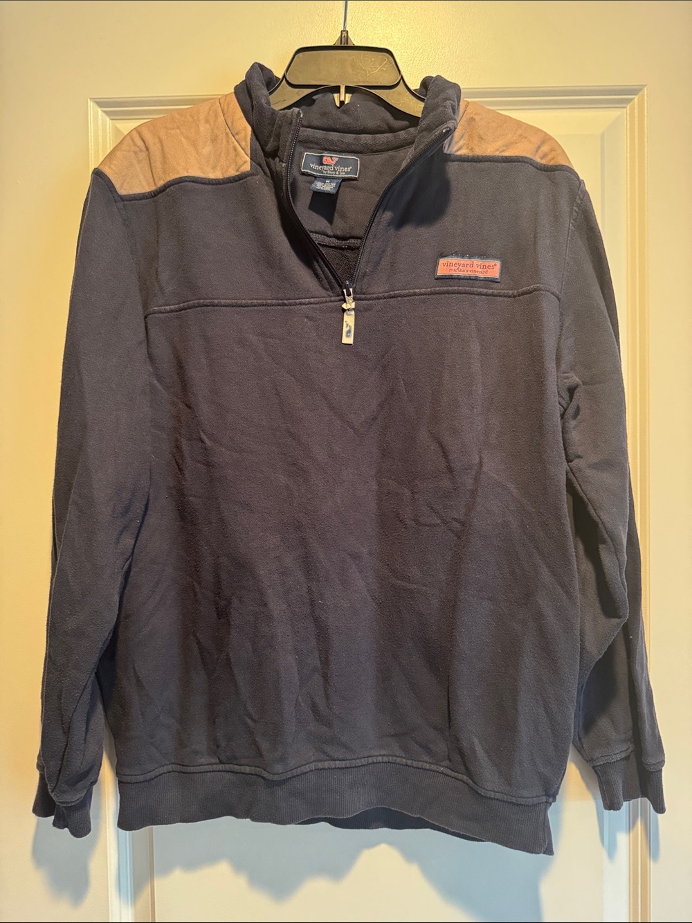 Vineyard Vines Navy Quarter-Zip with Tan Shoulder Panels